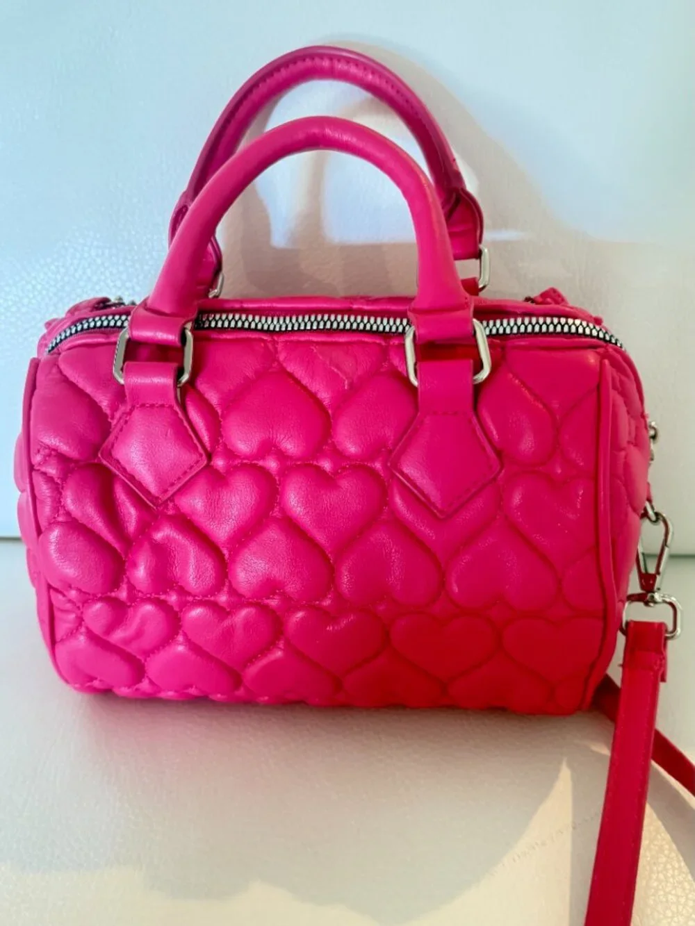 NWT Betsey Johnson xojean W/ Chain Satchel Crossbody Quilted Hearts Hot Pink